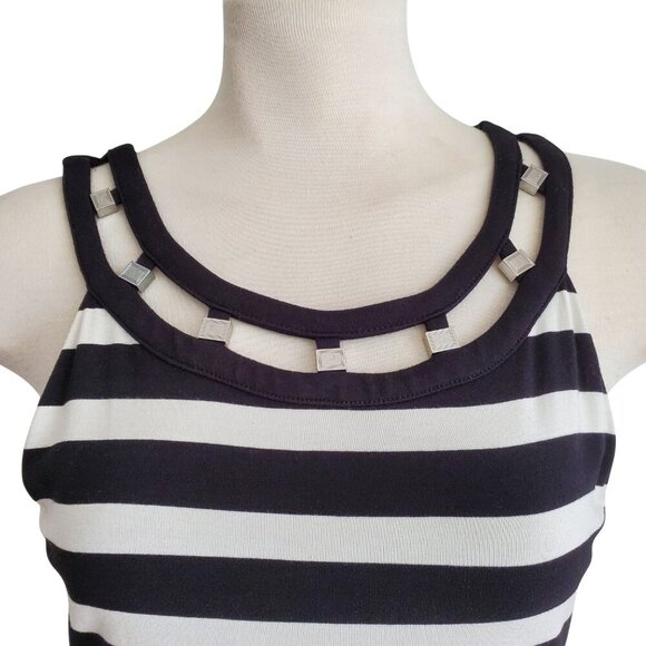 WHBM Sleeveless B & W Striped Silver Studded Cutout Neckline Shift Dress XS - Picture 3 of 15